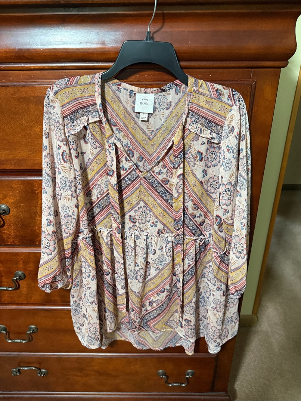 Knox Rose Multicolor Boho V-Neck Peasant Tunic - Beige, Mustard, Dusty Rose